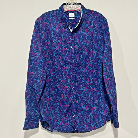JB Holt Button Down Shirt L Blue Purple Pink Rose Dark Floral Flip Cuff Tailored - Picture 2 of 14